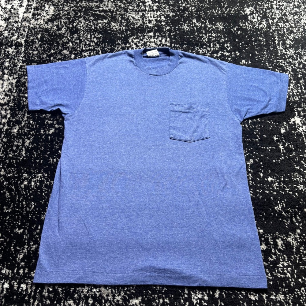 Vintage Basics Men Blue Pocket T-Shirt L Heathered Short Sleeve Single Stitch